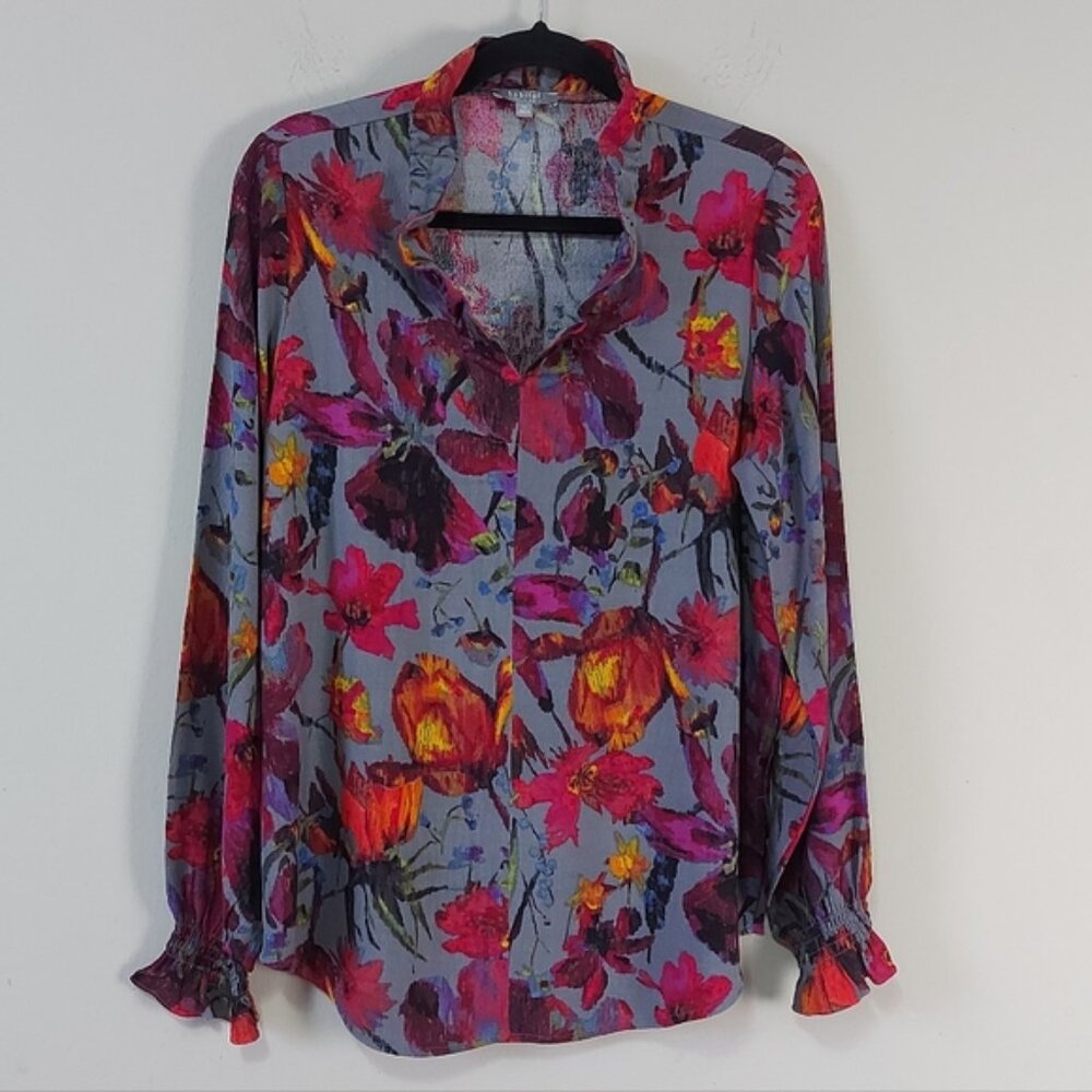 Habitat Watercolor Floral Split Flounce Collar Blouse XS Smocked Ruffle Cuffs